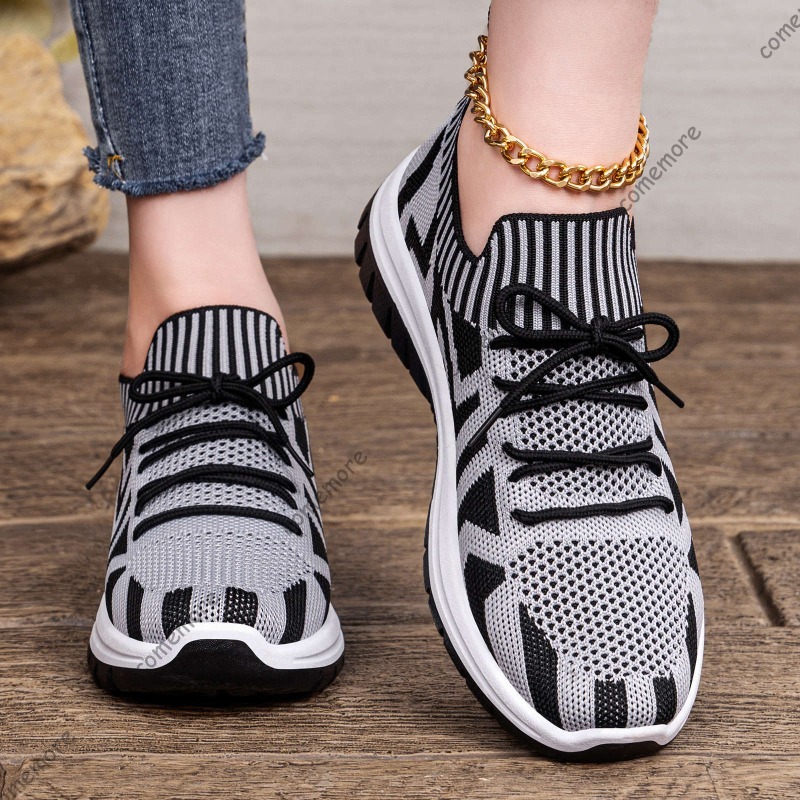 Knit Fabric Lace Up Sneakers - Zapatillas de punto sin cordones para