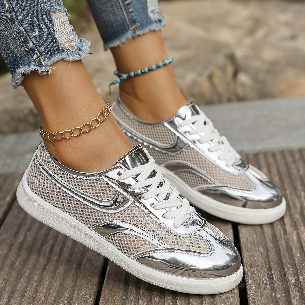 Nuevas zapatillas de deporte p - Knit Fabric Lace Up Sneakers reseña y precio