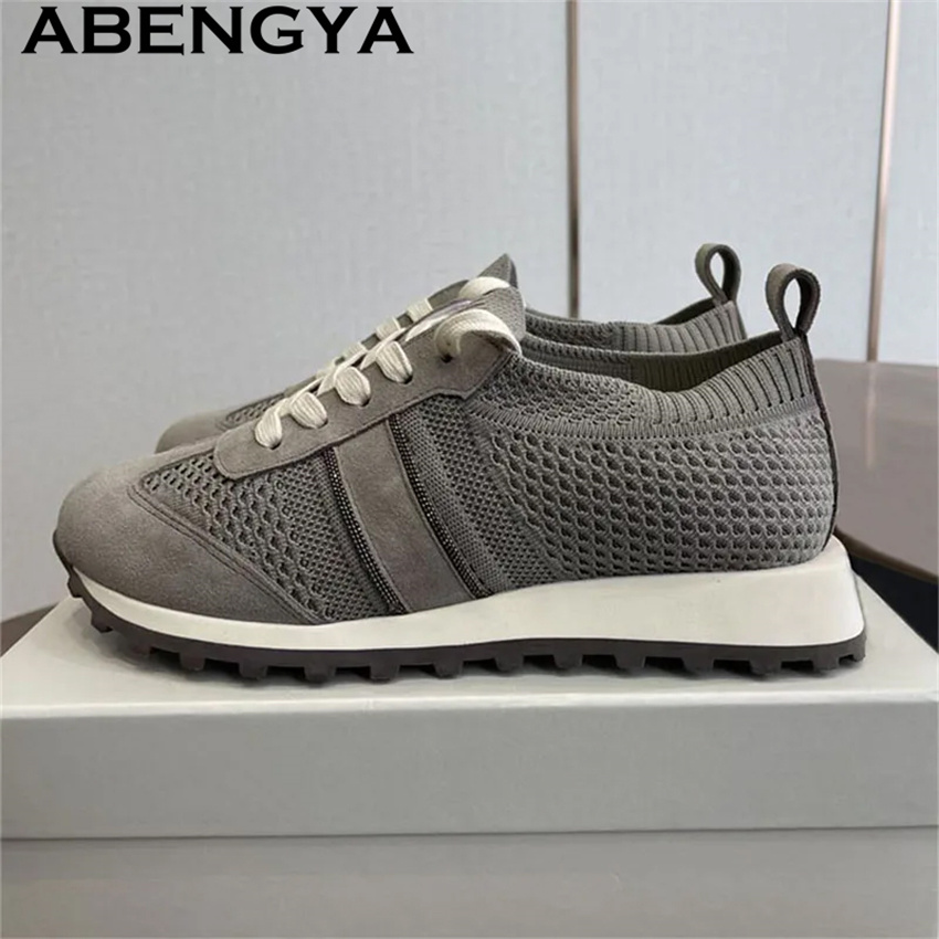 Zapatos Planos Casuales de Muj - Knit Fabric Lace Up Sneakers reseña y precio